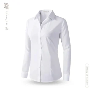 Front view of women's white long sleeve button-down shirt with classic collar