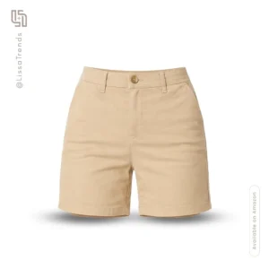 Front view of women's beige shorts with high waist