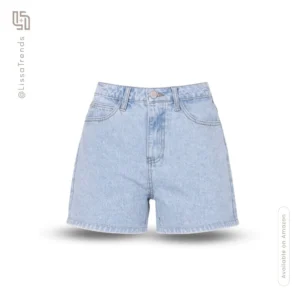 Front view of women's denim shorts with light wash and high waist