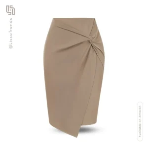 Front view of women's beige skirt with draped detail and asymmetrical hem