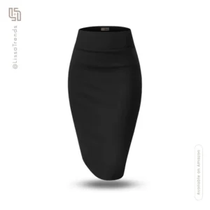Front view of women's black pencil skirt with high waist