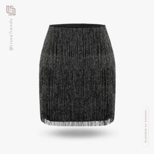 Front view of women's black sequin skirt with shimmer finish