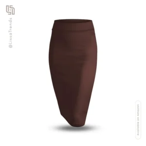 Front view of women's brown pencil skirt with high waist