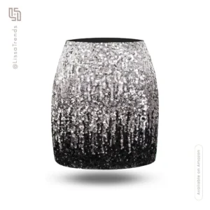 Front view of women's ombre sequin skirt with gradient effect from silver to black