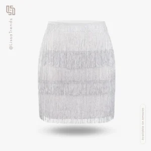 Front view of women's silver sequin skirt with shimmer finish