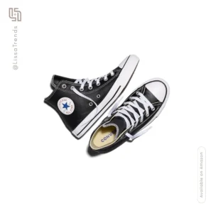 Front view of classic black Converse All Star high top sneakers with white laces