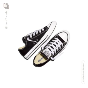 Front view of classic black Converse All Star low top sneakers with white laces
