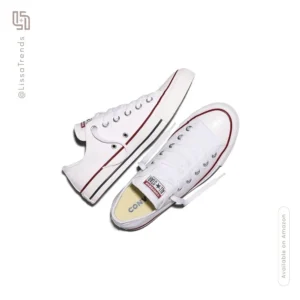 Front view of classic white Converse All Star low top sneakers with white laces