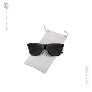 Front view of women's classic black sunglasses with UV protection and timeless design