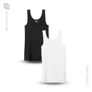 Front view of women's basic black and white sleeveless tank tops with scoop neck