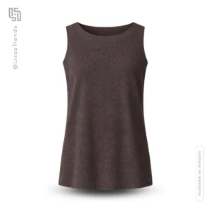 Front view of women's brown cotton sleeveless tank top with relaxed fit