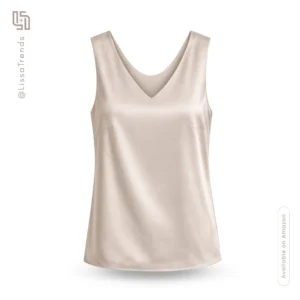 Front view of women's champagne satin sleeveless tank top with V-neckline
