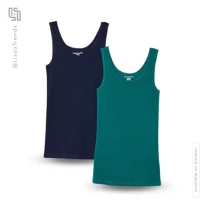 Front view of women's navy and green sleeveless tank tops with scoop neck