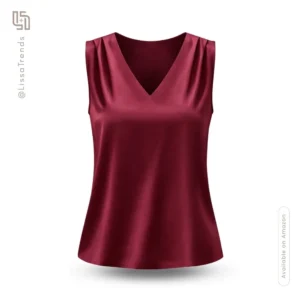 Front view of women's red satin sleeveless tank top with V-neckline