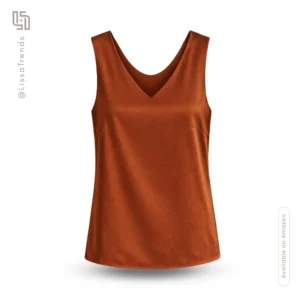 Front view of women's terracotta satin sleeveless tank top with V-neckline
