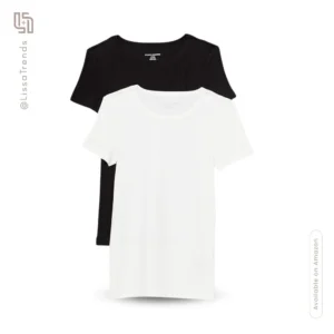 Front view of women's basic black and white short sleeve t-shirts crew neck