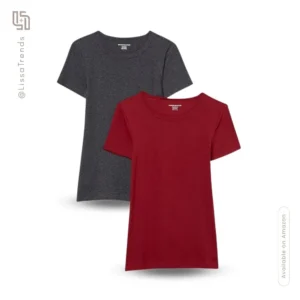 Front view of women's basic gray and red short sleeve t-shirts crew neck
