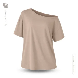 Front view of women's nude t-shirt with asymmetrical boat neckline