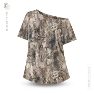 Front view of women's printed t-shirt with asymmetrical boat neckline