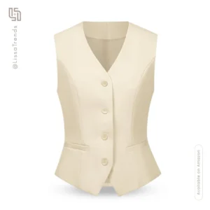 Front view of women's beige vest with button front closure and V-neckline