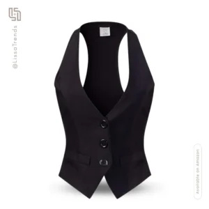 Front view of women's black vest with button front closure and tailored fit