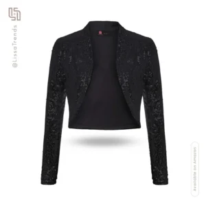 Front view of women's black sequin vest with shimmer detail and button closure