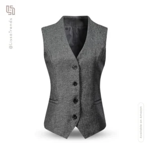 Front view of women's gray tweed vest with textured fabric and button closure